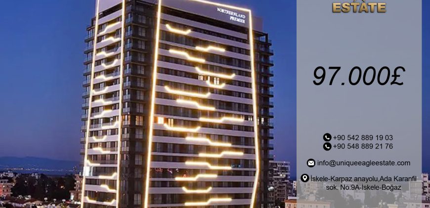 GAZIMAĞUSA -NORTHERLAND PREMIER SITESINDE SATILIK 1 YATAK ODALI DENİZ MANZARALI  REZİDANS