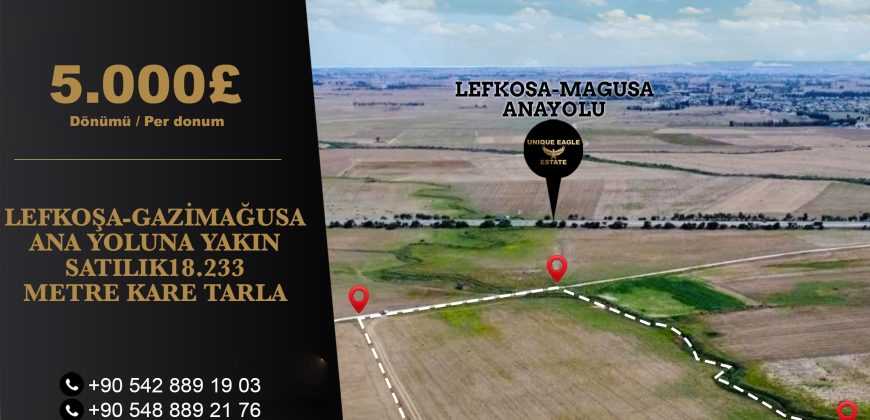 LEFKOŞA-GAZİMAĞUSA ANA YOLUNA YAKIN SATILIK 18.233 METRE KARE TARLA