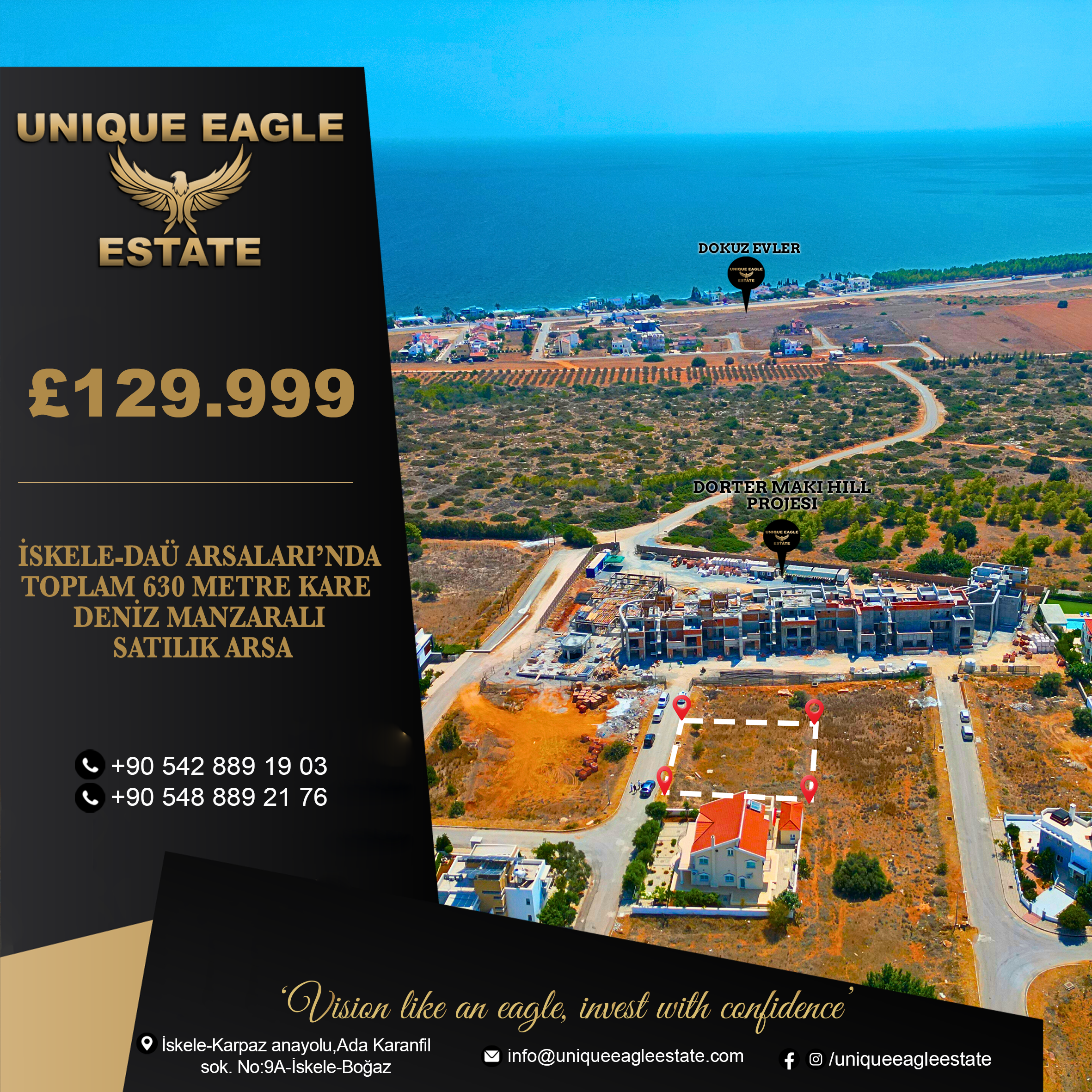 BUILDING PLOT FOR SALE WITH SEA VIEW IN İSKELE-BOGAZ, TOTAL 630 SQUARE METERS