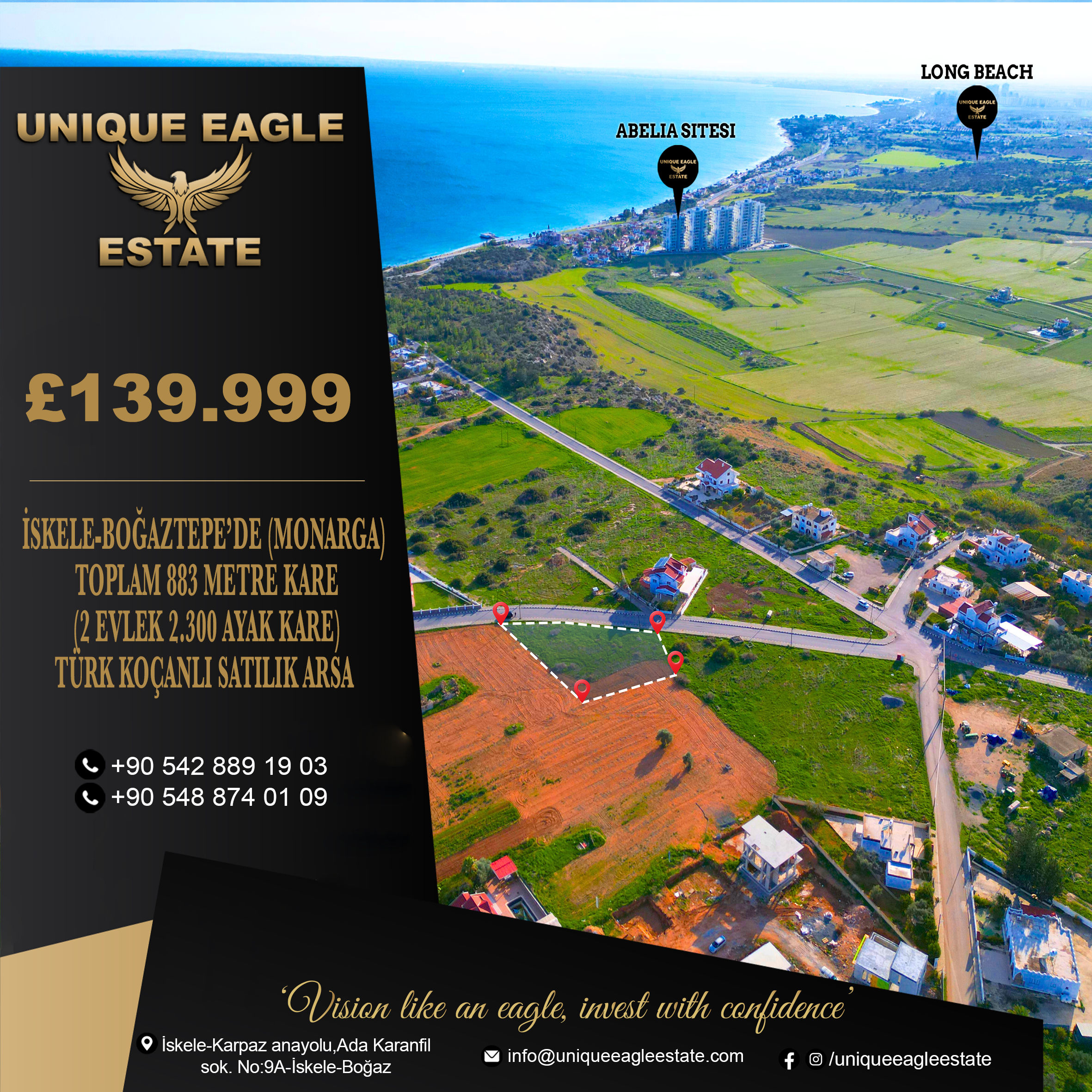 LAND FOR SALE IN ISKELE-BOĞAZTEPE (MONARGA), TOTAL 883 SQM (2 EVLEK 2,300 SQ FT) WITH TURKISH TITLE DEED