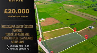 İSKELE-KARPAZ ANAYOLU ÜZERİNDE (PAMUKLU), TOPLAM 7.485 METRE KARE (5 DÖNÜM 2 EVLEK 1.355 AYAK KARE) SATILIK ARAZİ