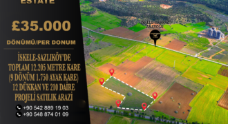 İSKELE-SAZLIKÖY’DE TOPLAM 12.205 METRE KARE (9 DÖNÜM 1.750 AYAK KARE) 12 DÜKKAN VE 210 DAİRE PROJELİ SATILIK ARAZİ