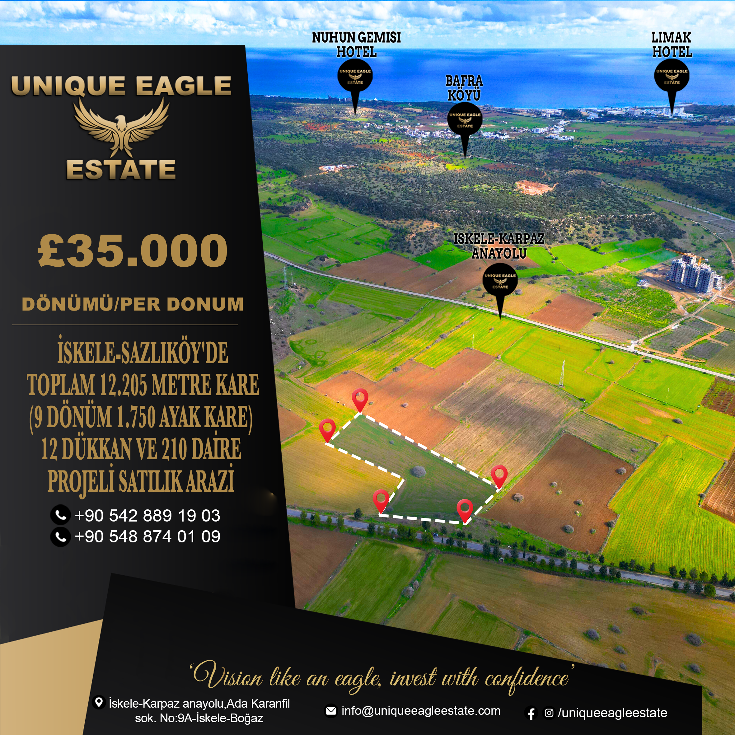 LAND FOR SALE IN ISKELE-SAZLIKÖY, TOTAL 12,205 SQM (9 DÖNÜM 1,750 SQ FT) WITH PROJECTS FOR 12 SHOPS AND 210 APARTMENTS