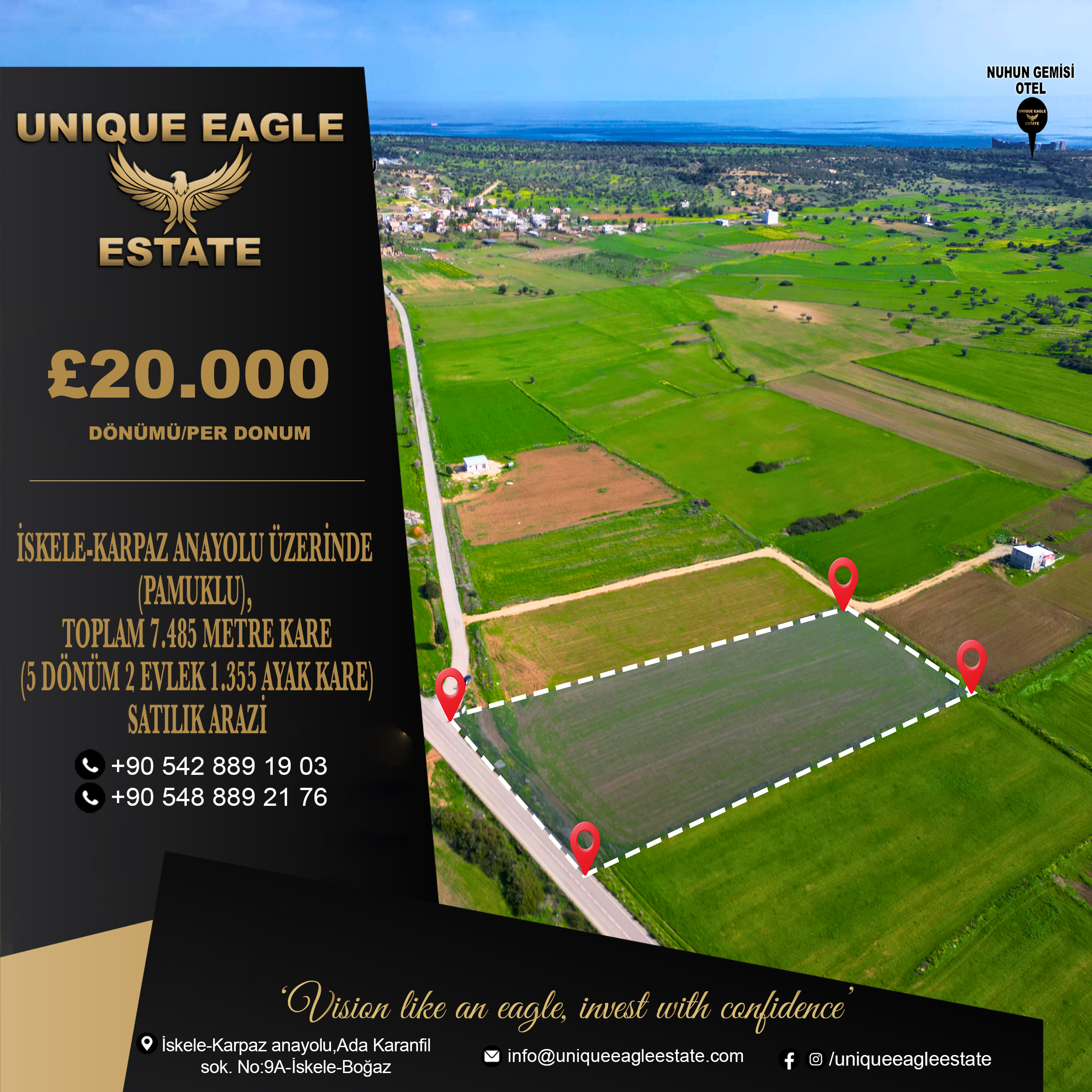 LAND FOR SALE ON ISKELE-KARPAZ MAIN ROAD (PAMUKLU), TOTAL 7,485 SQM (5 DÖNÜM 2 EVLEK 1,355 SQ FT)