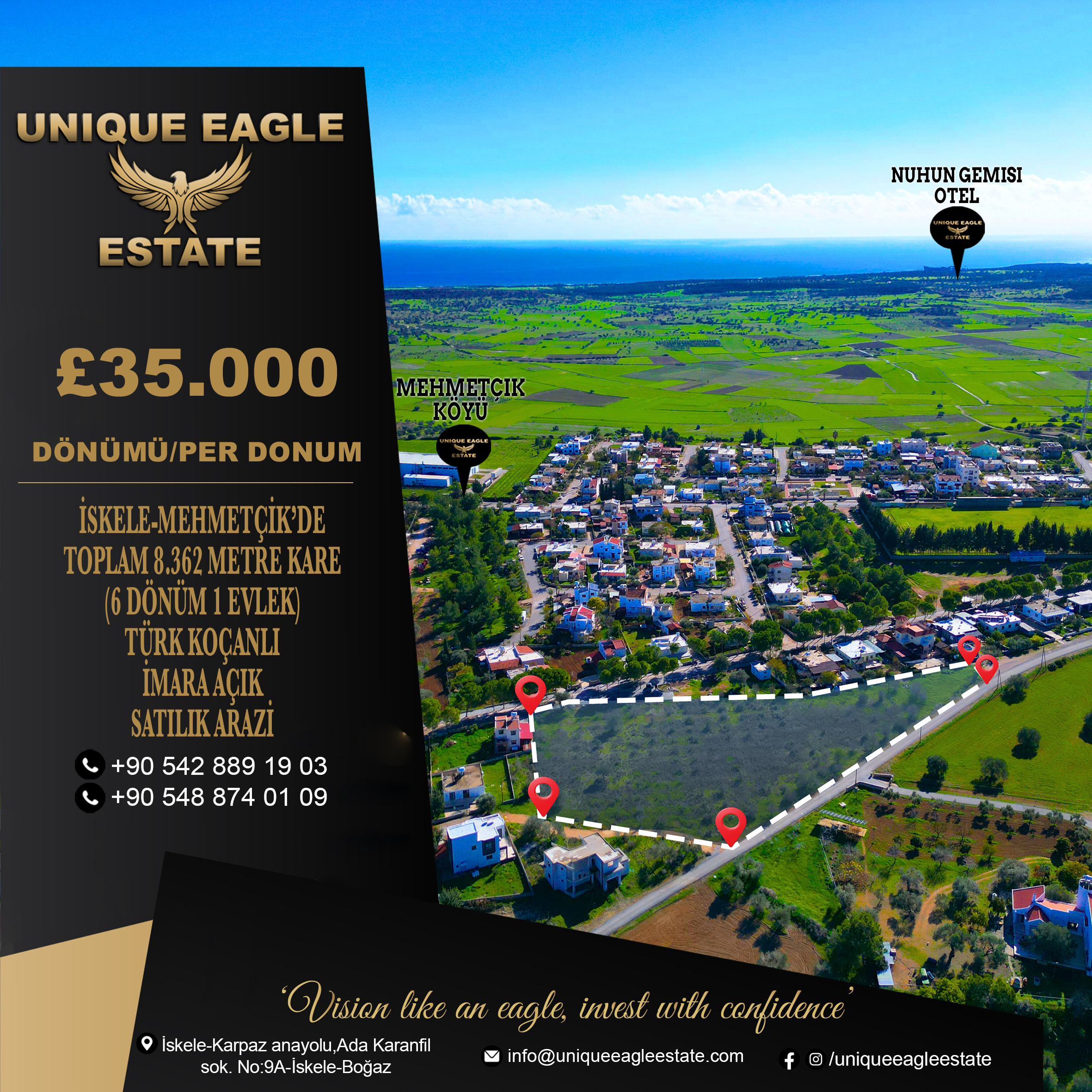 LAND FOR SALE IN ISKELE-MEHMETÇİK, TOTAL 8,362 SQM (6 DÖNÜM 1 EVLEK), ZONED AND WITH TURKISH TITLE DEED