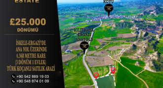 İSKELE-ERGAZİ’DE ANA YOL ÜZERİNDE 4.368 METRE KARE (3 DÖNÜM 1 EVLEK) TÜRK KOÇANLI SATILIK ARAZİ £25.000 DÖNÜMÜ