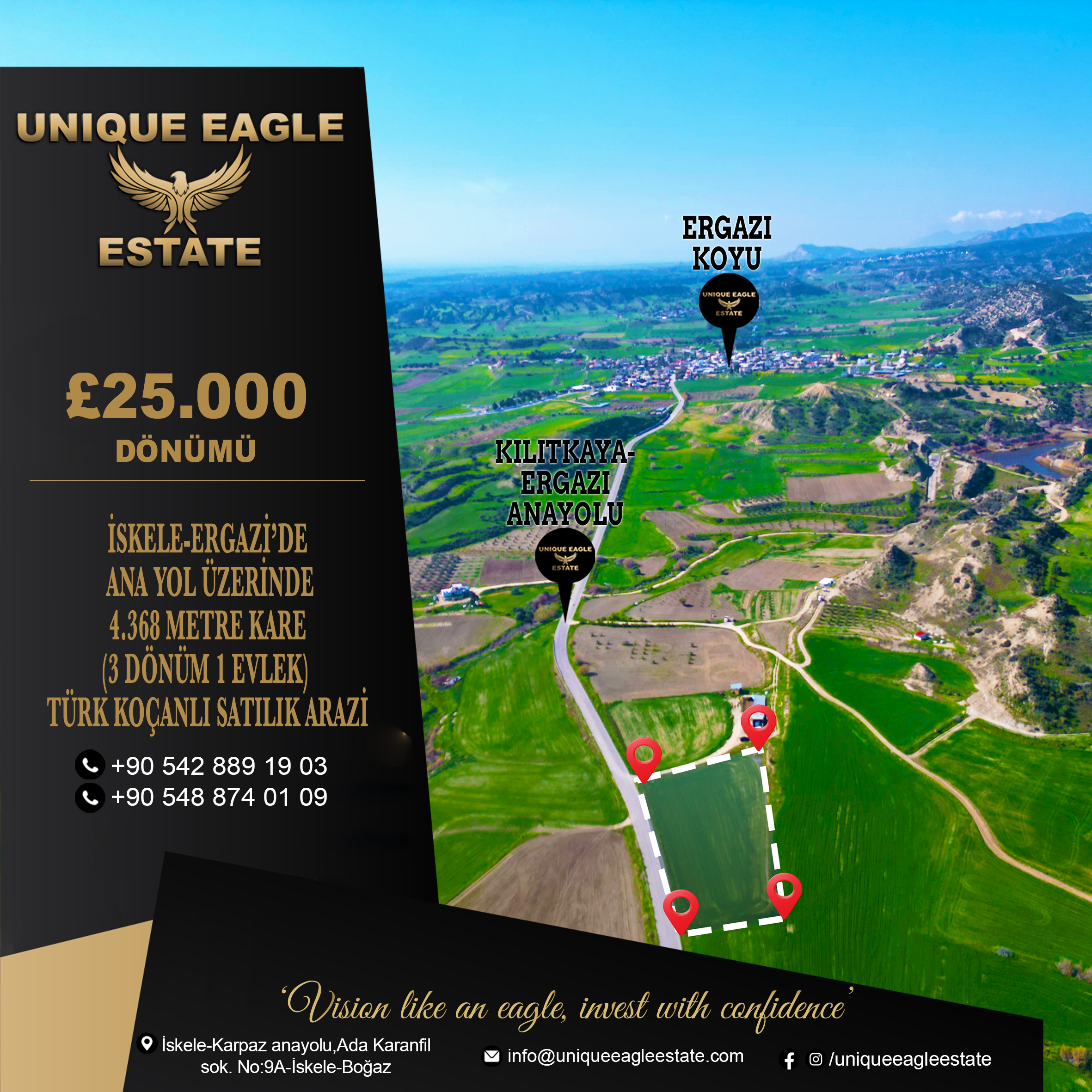 TURKISH TITLE DEED LAND FOR SALE ON THE MAIN ROAD IN ISKELE-ERGAZI, 4,368 SQM (3 DÖNÜM 1 EVLEK)