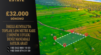 İSKELE-KUMYALI’DA TOPLAM 3.696 METRE KARE (2 DÖNÜM 3 EVLEK) DENİZ MANZARALI SATILIK ARAZİ