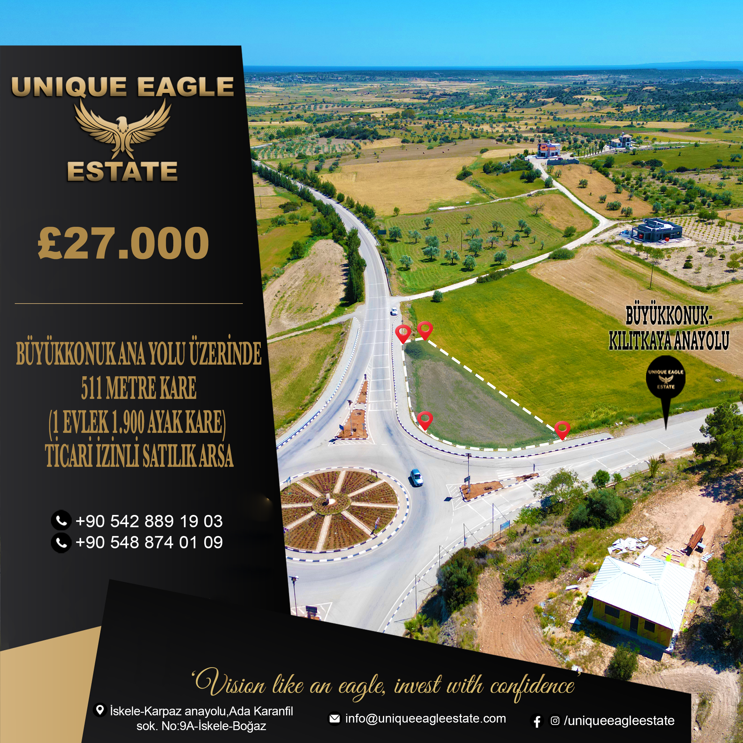 511 SQM COMMERCIAL BUILDING PLOT FOR SALE ON BÜYÜKKONUK MAIN ROAD (1 EVLEK 1,900 SQFT)