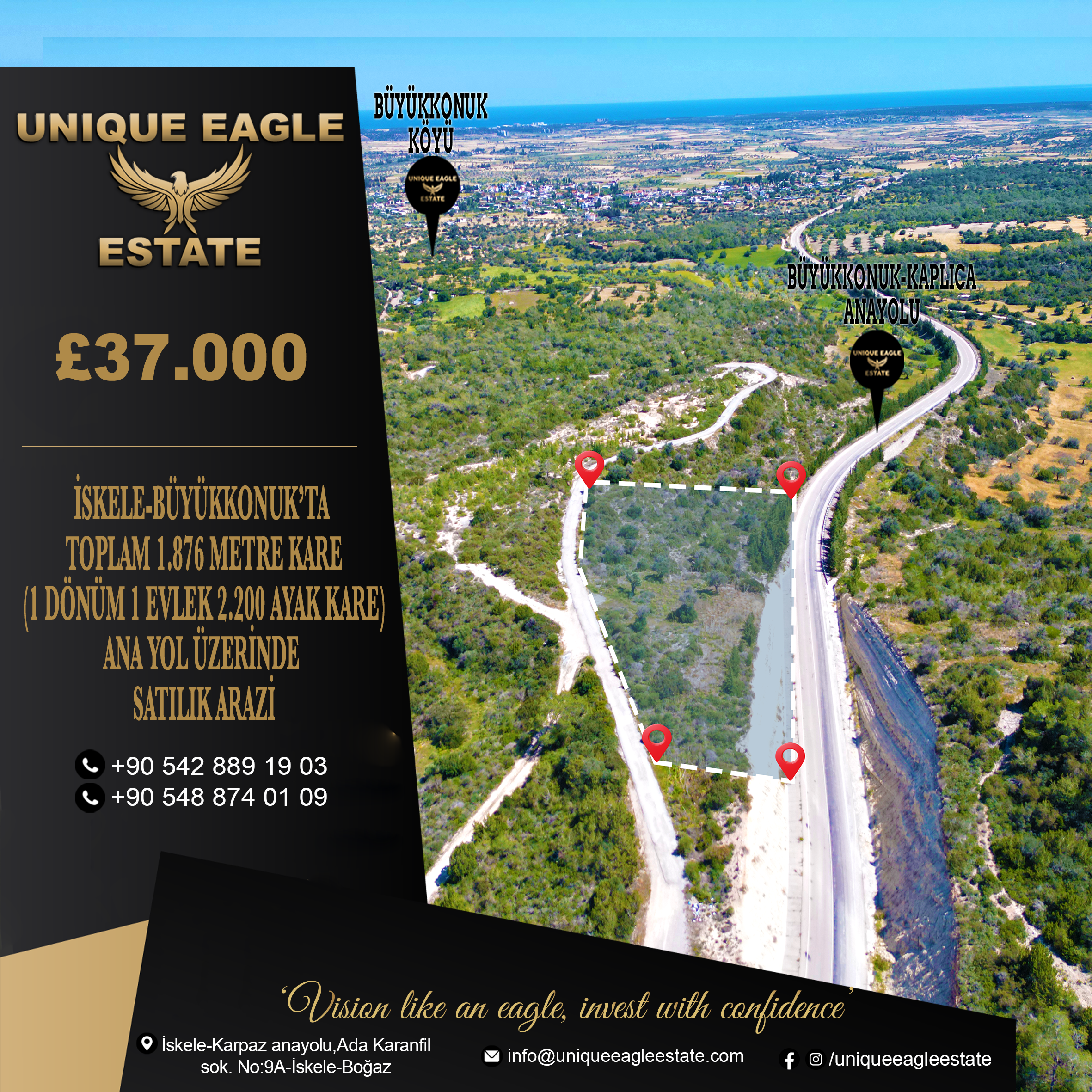 1,876 SQM ROADFRONT LAND FOR SALE IN İSKELE-BÜYÜKKONUK (1 DÖNÜM 1 EVLEK 2,200 SQFT)